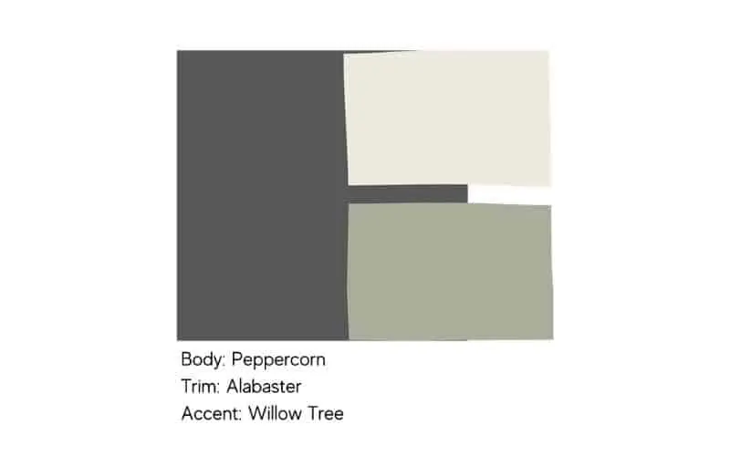 Peppercorn SW 7674 paint swatch shown as a dark exterior body color